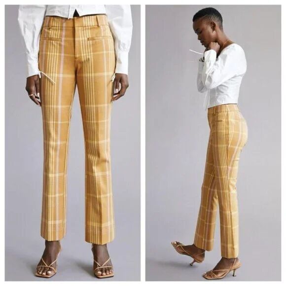 Anthropologie Slim Cropped Kick-Flare Pants, Size 0, Yellow Motif Plaid Office - Picture 2 of 12